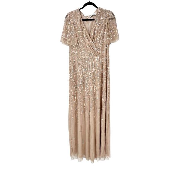 Mac Duggal Embellished Flutter Sleeve Wedding Guest Maxi Gown Nude Size 12 NWT - Picture 5 of 13